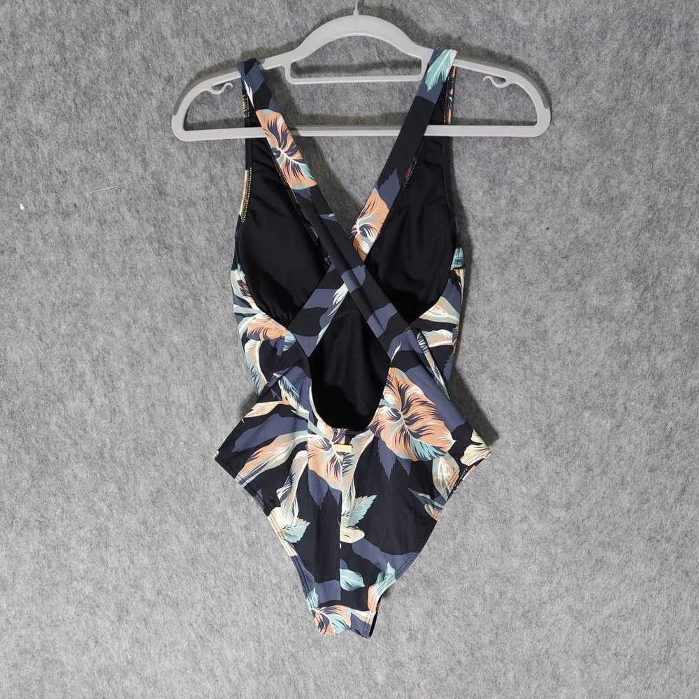 Roxy Women One Piece Swimsuit Size S Black Floral Tropical Cross Back Surf